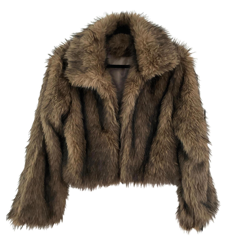 NWT Luxury Sz L Brown Cropped Faux Fur Coat Chic IT Girl Street Style Glam Vibe - Picture 3 of 9